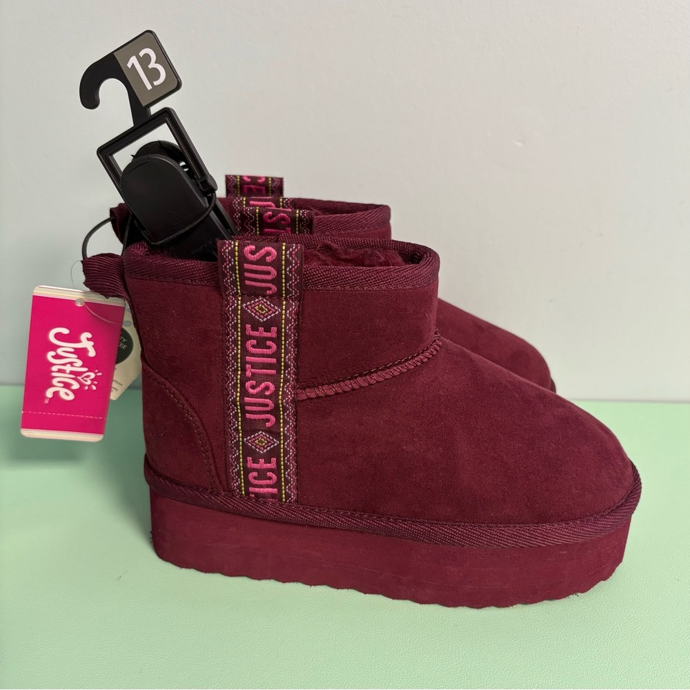 Justice Burgundy Fuzzy Pull On Ankle Bootie Shoes, Girl Size 13, Kid Fall Boots